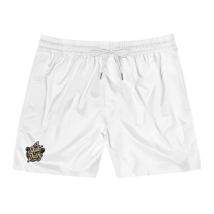 Men's White Swim Shorts with 'Skate Diary' Patch – Mid-Length Beach Trunks